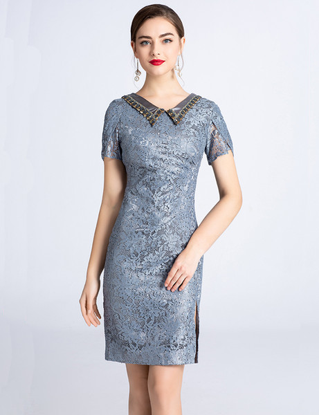 Luxury Women Sequins Sheath Dress V-Neck Sexy Lace Cocktail Party Dresses 05HX936