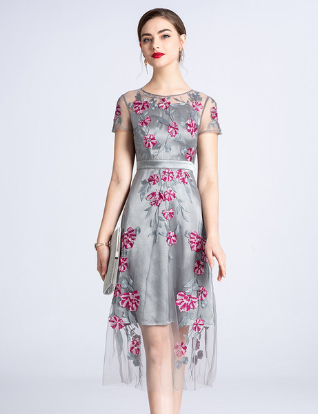 Embroidery Luxury Women A-Line Dress Shrot Sleeve Party Dresses 05HX934