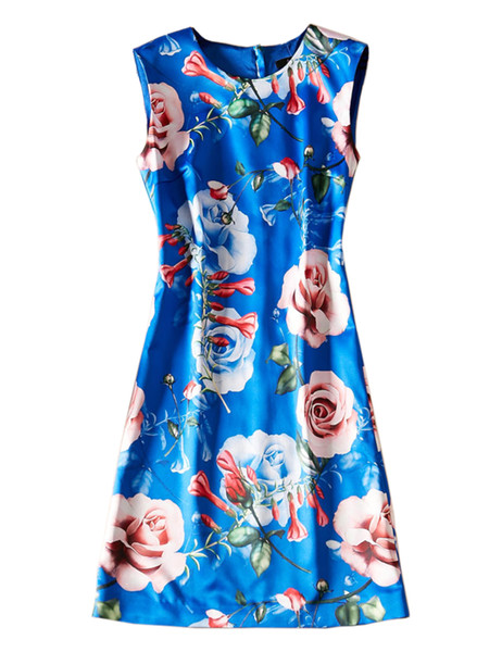 Flower Print Women A-Line Dress Round Neck Sleeveless Casual Dresses 08K1930