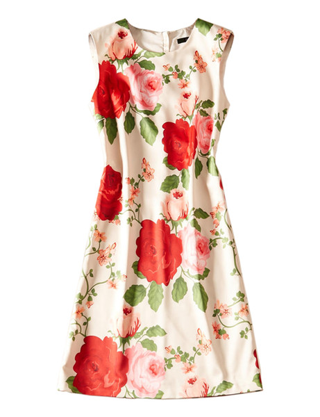 Flower Print Women A-Line Dress Round Neck Casual Dresses 08K1936