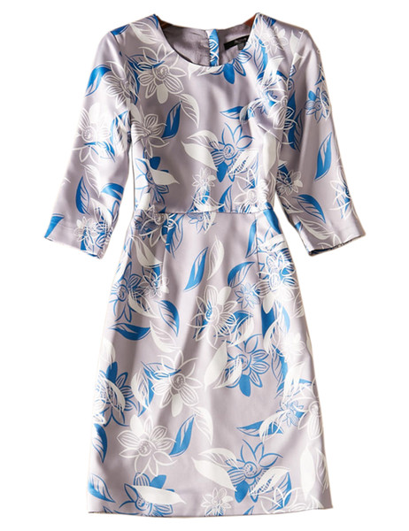 Flower Print Women A-Line Dress Round Neck Short Sleeves Casual Dresses 08K1949