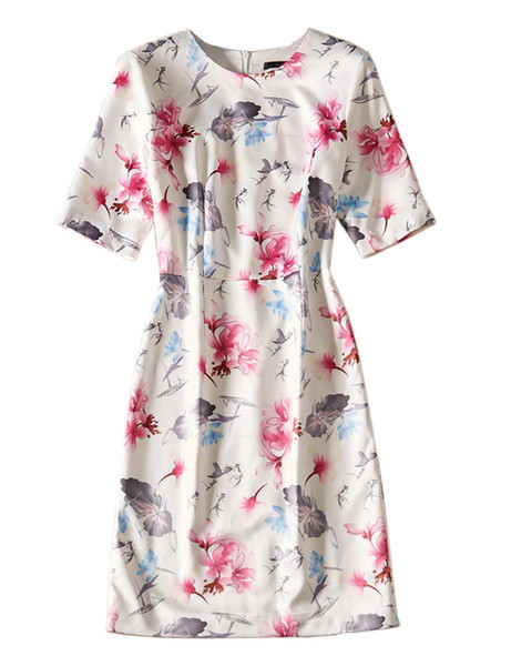 Flower Print Women Sheath Dress Short Sleeves Casual Dresses 08K1934