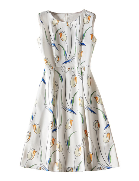 Flower Print Women A-Line Dress Sleeveless Casual Dresses 07K1012