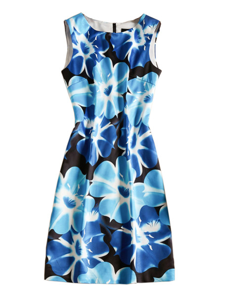 Flower Print Women Sheath Dress Round Neck Sleeveless Dresses 08K1914