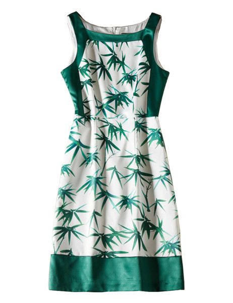 Bamboo Print Women Sheath Dress Sleeveless Casual Dresses 08K1907