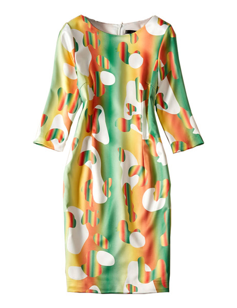 Fashion Print Women Sheath Dress Round Neck 3/4 Sleeve Autumn Dresses 10K1974