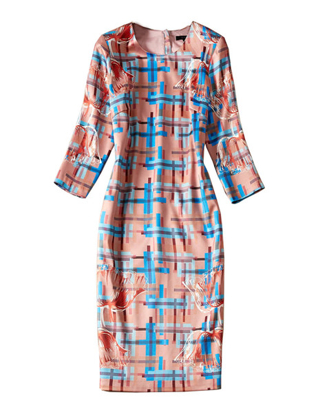 Luxury Women Plaid Print Sheath Dress 3/4 Sleeve Round Neck Autumn Dresses 10K1959