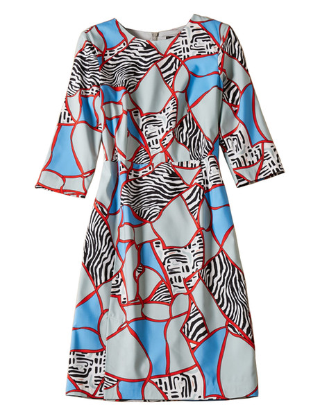 Geometric Print Women Sheath Dress Round Neck 3/4 Sleeve Casual Dresses 09K1951