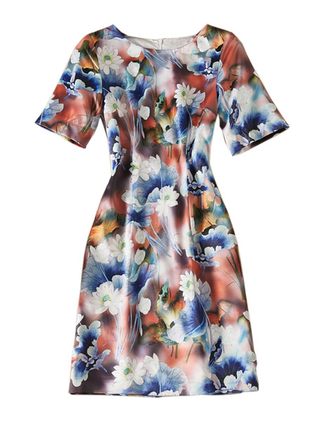 Luxury Women Flower Print Sheath Dress Round Neck Short Sleeve Casual Dresses 07K1928