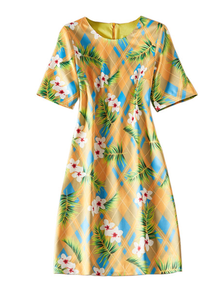 Floral Flower Gird Print Women Sheath Dress Short Sleeve Casual Dresses 07K1926