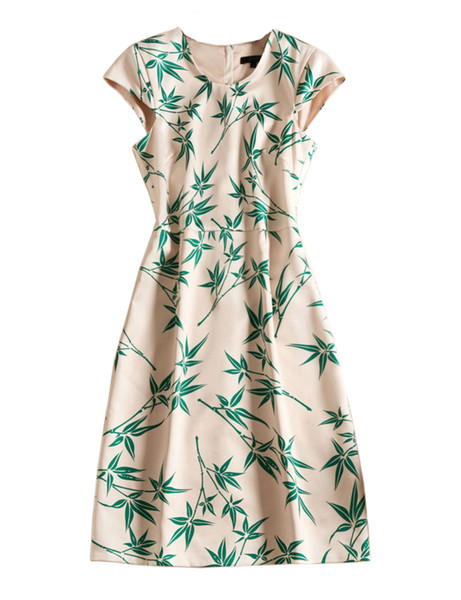 Bamboo Print Women Sheath Dress Round Neck Sleeveless Dresses 08K1930