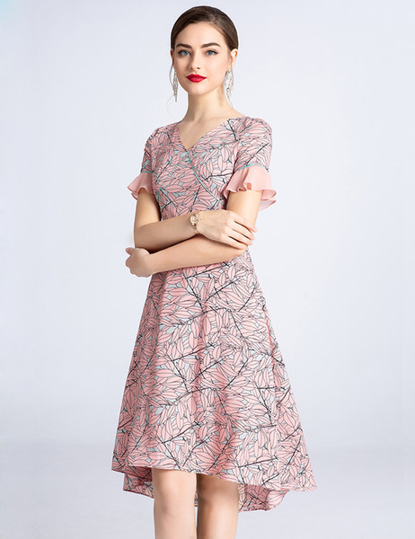 Floral Print Women Asymmetrical Dress Ruffles Short Sleeve Casual Dresses 05HX942