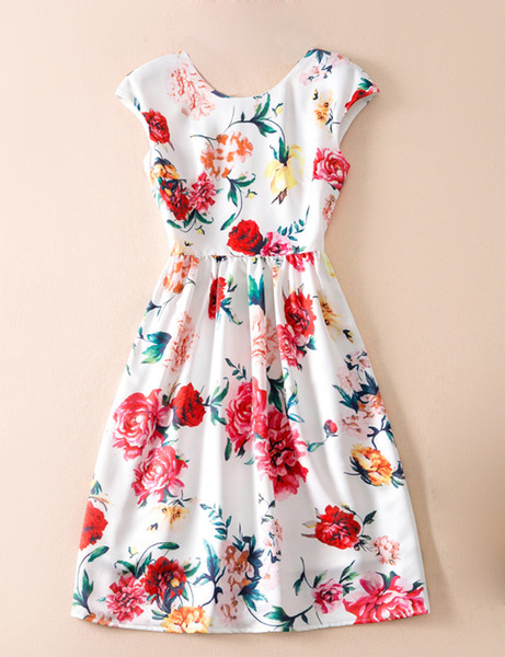 Flower Print Women A-Line Dress Round Neck Sleeveless Casual Dresses 05K826