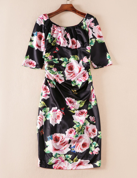 Flower Print Women Sheath Dress Short Sleeve Dresses 08K852