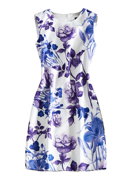 Flower Print Women A-Line Dress Sleeveless Round Neck Casual Dresses 04K864