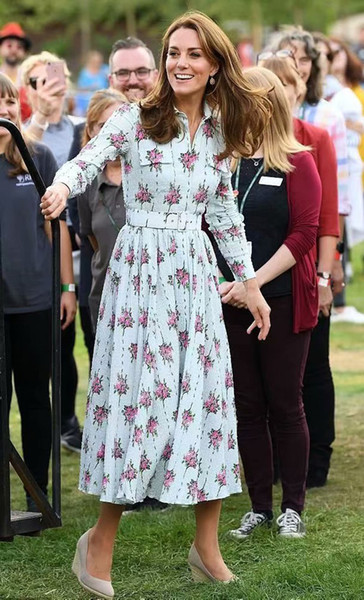 Kate Middleton Princess Floral Flower Midi Silk Summer Dress Elegant Long Sleeve Dresses With Belt