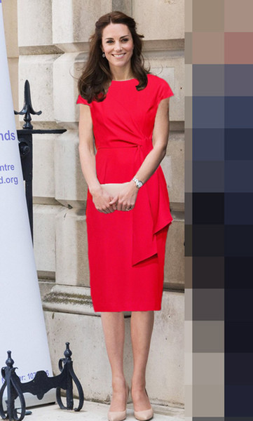 Kate Middleton Princess Red Women Dress Round Neck Short Sleeve Dresses