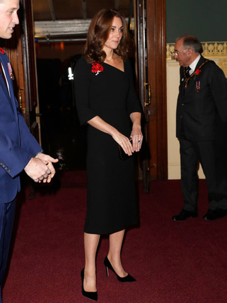 Kate Middleton Princess Asymmetrical V-Neck Midi Dress Flare Sleeve Party Dresses