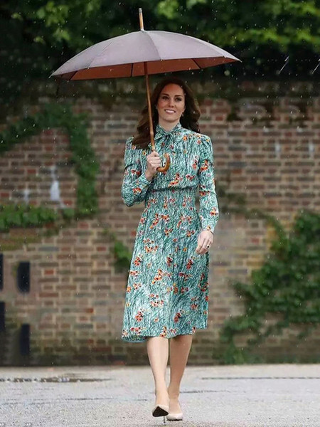 Kate Middleton Princess Floral Midi Dress Elastic Waist Elegant Long Sleeve Casual Dresses