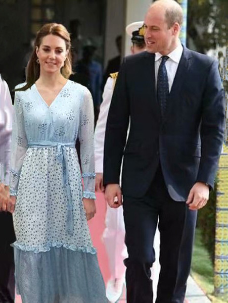 Kate Middleton Princess V-Neck Floral Midi Silk Dress Ruffled Skirt Long Sleeve Dresses