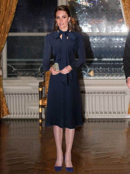 Kate Middleton Princess Blue Women A-Line Dress Elegant Long Sleeve Midi Dresses With Sashes