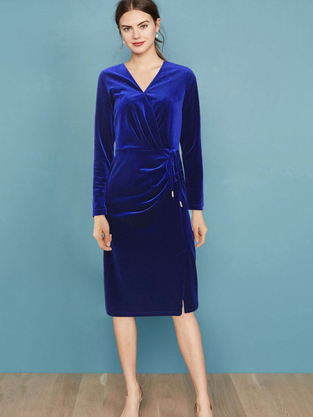 Luxury Women V-Neck Sheath Dress Elegant Long Sleeve Velour Dresses