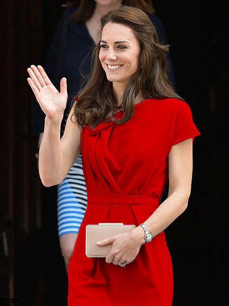 Kate Middleton Princess Red Solid Dress Fashion Pleated Women Dresses