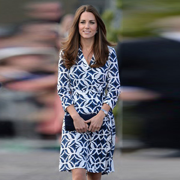 Kate Middleton Geometric Print Dress A-line Elegant Long Sleeve Casual Blue Dresses W051