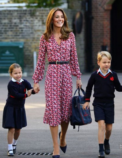 Kate Middleton Floral Print Midi women Dress Elegant Long Sleeve Sexy V-Neck Dresses W041