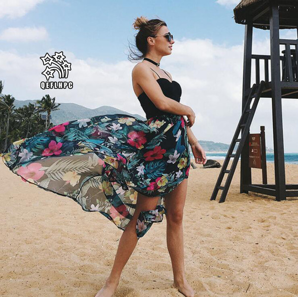 2019 Suspended print dress Sexy Backless Slit Chiffon beach skirt Women's Clothing Casual Womens Dresses Splicing wholesale High waist 7714