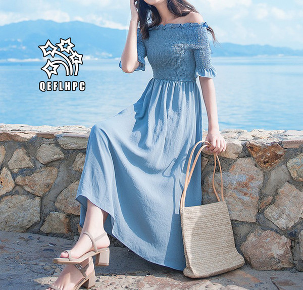 Women's clothes Dress Summer Sexy beach chiffon dress Thin Polyester material Casual Dresses chambray Longuette Slash Neck A21743