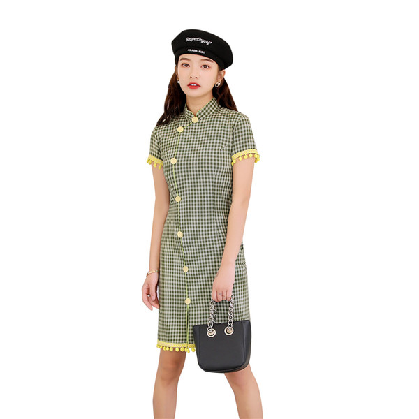 Shanghai Story Check Print Cheongsam Short Sleeve Qipao Chinese Women's Dress