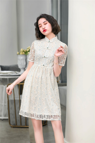 Shanghai Story Chinese Style Dress Short Sleeve Lace Cheongsam Knee Length Qipao