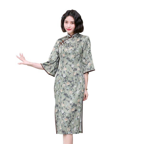 Shanghai Story Chinese Traditional Dress Big Sleeve Cheongsam Knee Length Qipao