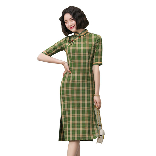 Shanghai Story Faux Cotton Short Sleeve Lattice Chinese Dress Plaid Cheongsam Check Print Qipao 2 Color