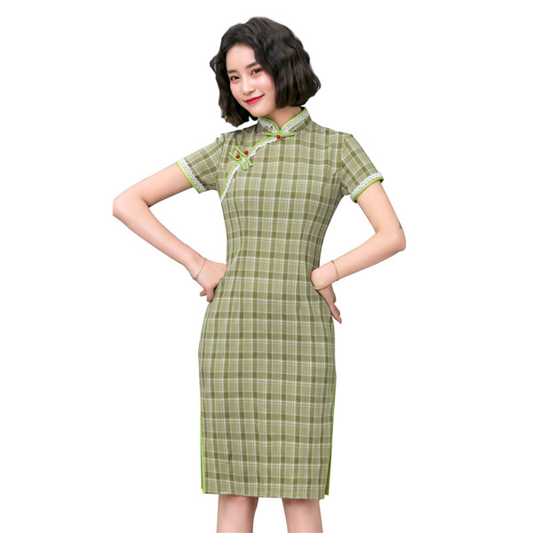 Shanghai Story Faux Cotton Short Sleeve Traditional Chinese Dress Plaid Cheongsam Check Print Qipao