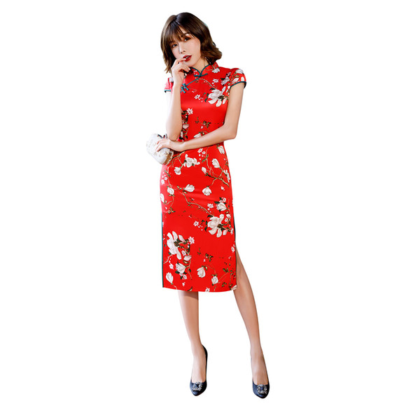 Shanghai Story Red Chinese Cheongsam Dress Knee Length White Flower Print Qipao Dress For Women