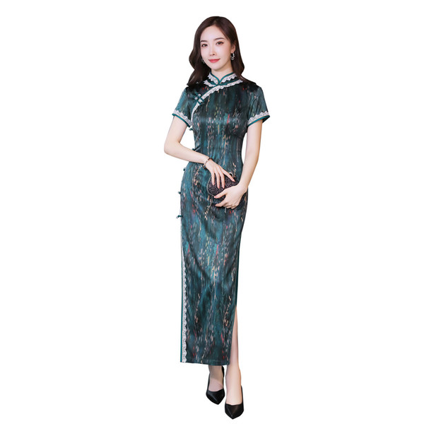 Shanghai Story 2022Faux Silk Short Sleeve Chinese Oriental Dress Flower Print Cheongsam Long Qipao