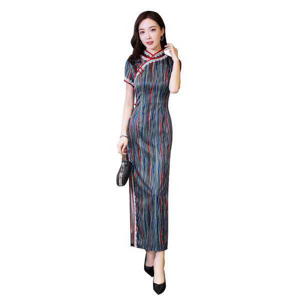 Shanghai Story 2022Faux Silk Short Sleeve Chinese Traditional Dress Vertical Stripes Cheongsam Long Qipao