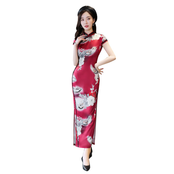 Shanghai Story 2022Faux Silk Short Sleeve Chinese Traditional Dress Flower Print Cheongsam Long Qipao