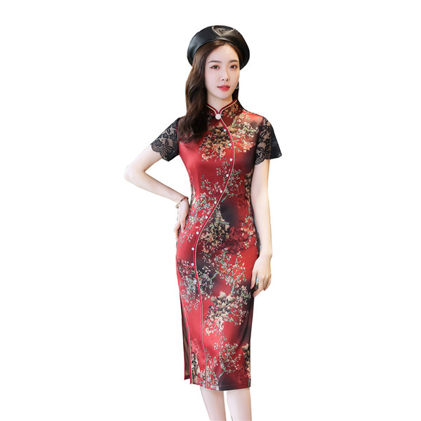 Shanghai Story Short Sleeve Traditional Chinese Dress Floral Cheongsam Knee Length Lace Sleeve Qipao