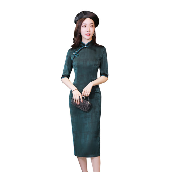 Shanghai Story Half Sleeve Traditional Chinese Dress Geometrical Print Cheongsam Knee Length Qipao