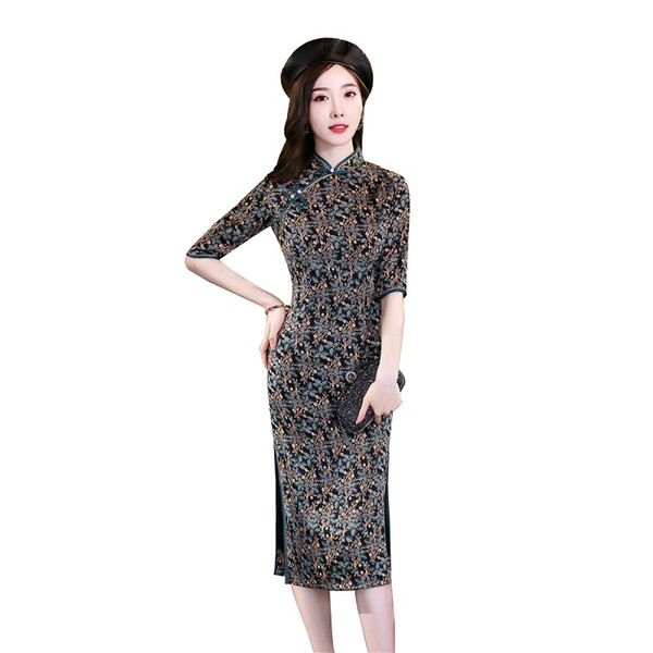 Shanghai Story Red Half Sleeve Traditional Chinese Dress Flower Print Cheongsam Knee Length Qipao for Women 2 Color