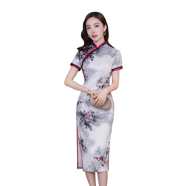 Shanghai Story Short Sleeve Traditional Chinese Dress Floral Cheongsam Knee Length Faux Silk Qipao for Women