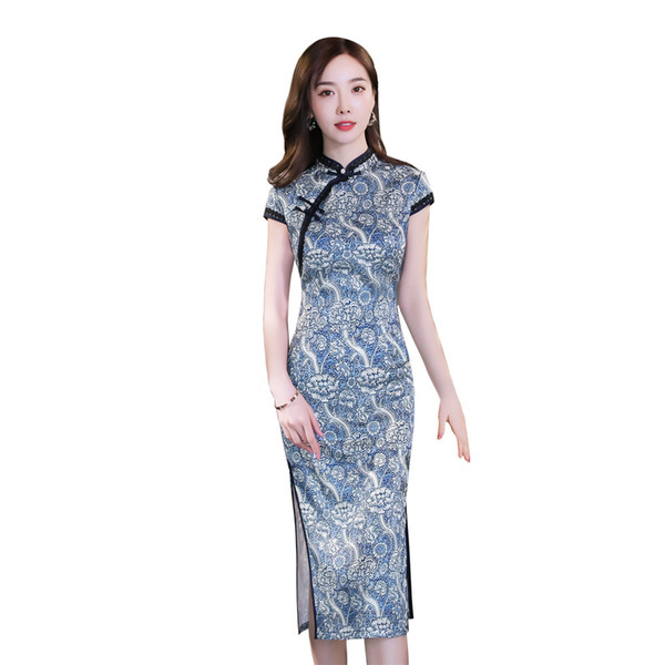 Shanghai Story Blue Short Sleeve Traditional Chinese Dress Floral Cheongsam Knee Length Qipao