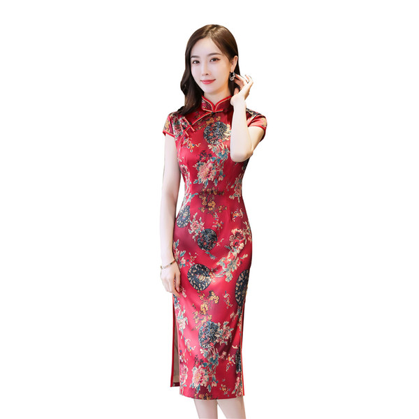 Shanghai Story Short Sleeve Chinese Traditional Dress Floral Cheongsam Knee Length Silk Qipao for Women