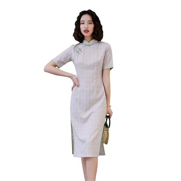 Shanghai Story Short Sleeve Chinese Traditional Dress Lattice Cheongsam Knee Length Plaid Qipao for Women 2 Color