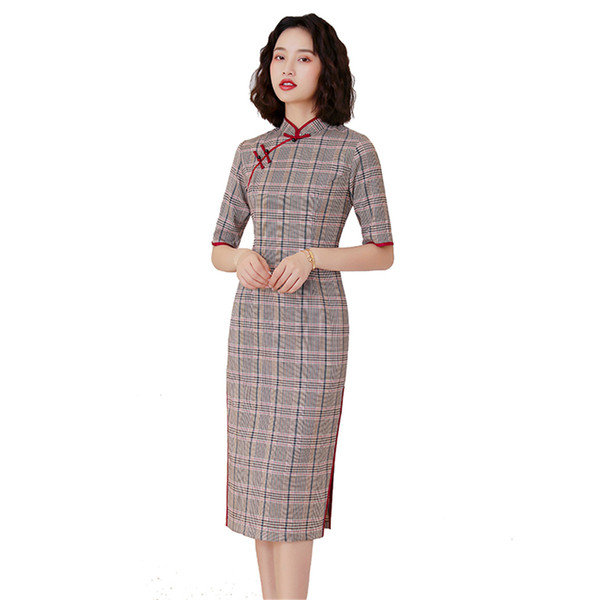 Shanghai Story Half Sleeve Chinese Traditional Dress Lattice Cheongsam Knee Length Plaid Qipao for Women