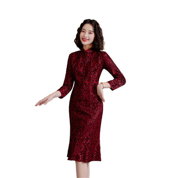 Shanghai Story Long Sleeve Chinese Traditional Dress Lace Cheongsam Knee Length Qipao for Women Spring Wine Red