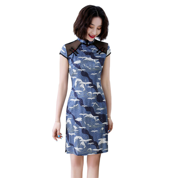 Shanghai Story Short Sleeve Chinese Traditional Dress Faux Silk Cheongsam Knee Length Qipao for Women 6 Style